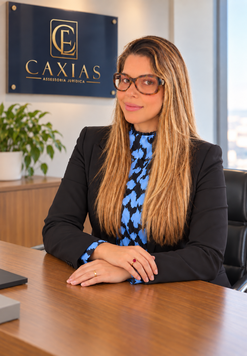 Dra. Gigi Caxias sentada em seu escritório, com blazer preto e logo ao fundo
